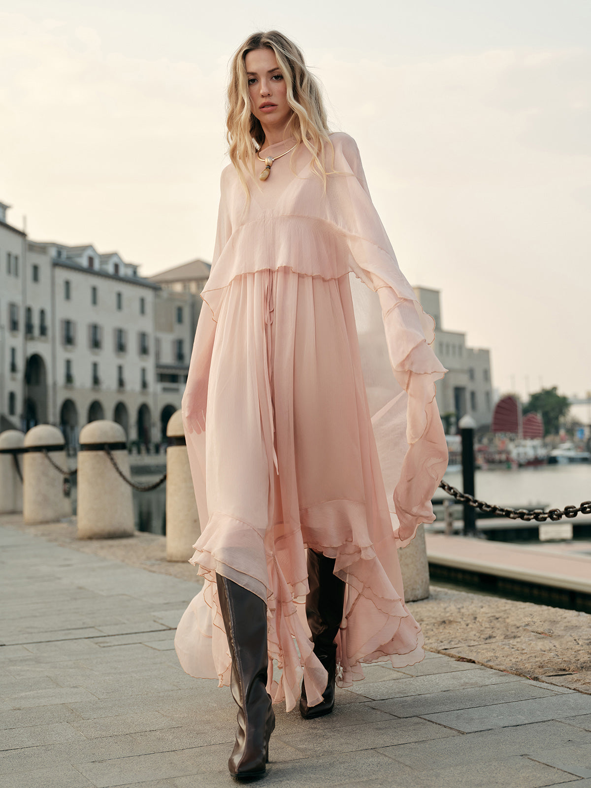 Chiffon Layered Dress With Cloak