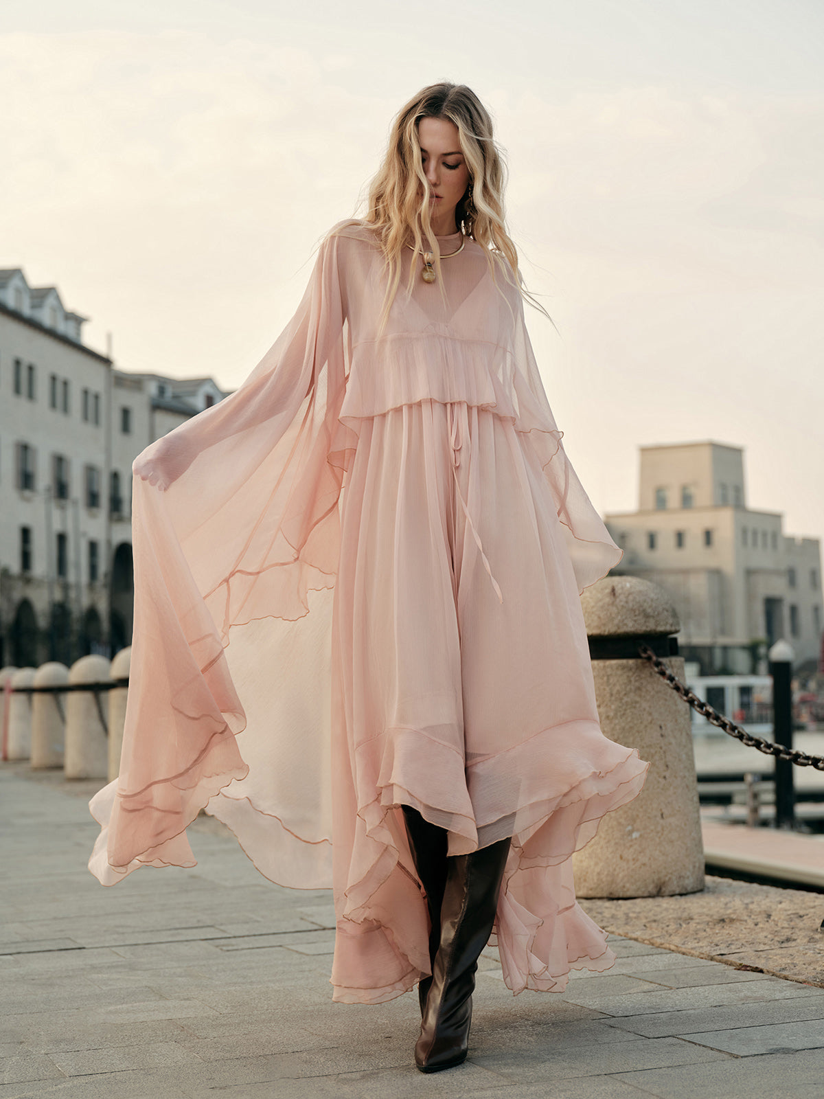 Chiffon Layered Dress With Cloak