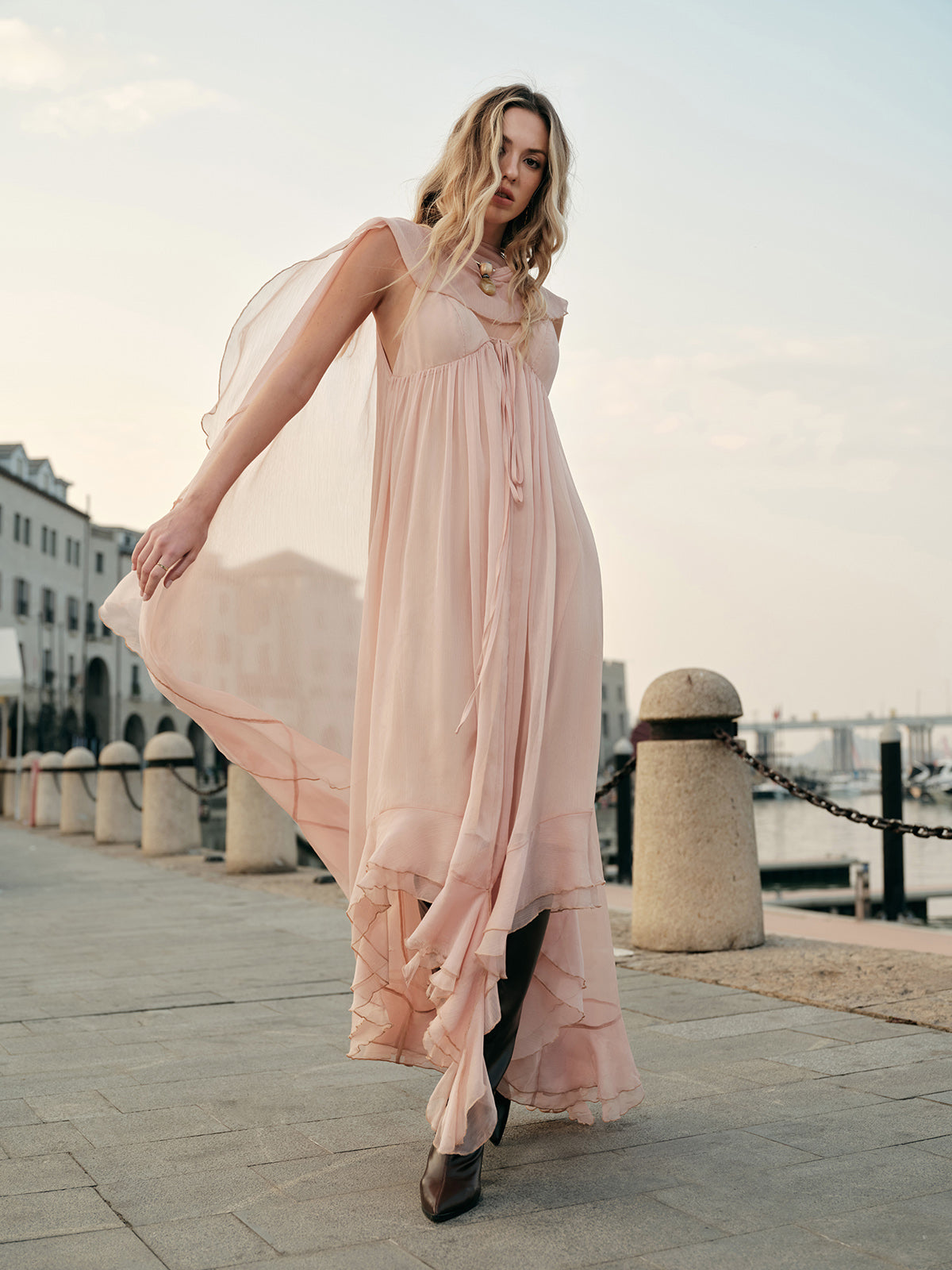 Chiffon Layered Dress With Cloak