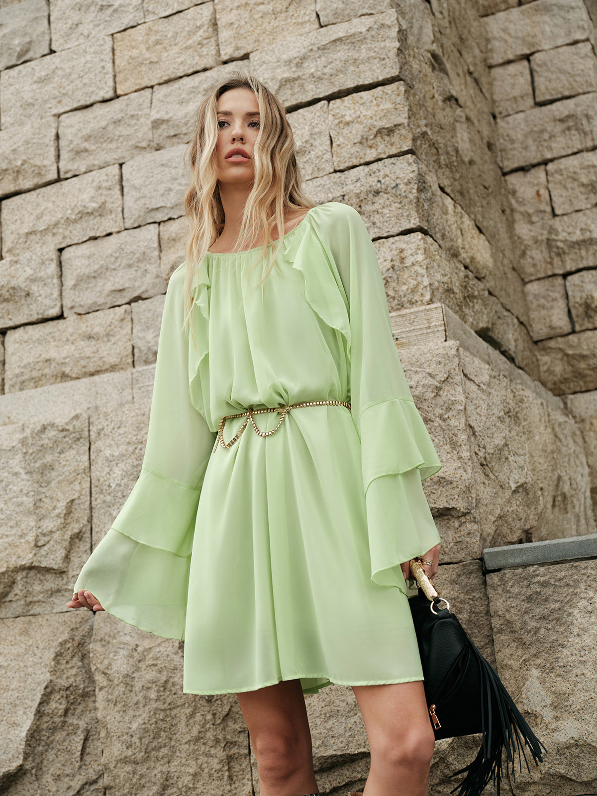 Ruffled Sleeve Chiffon Dress Without Belt