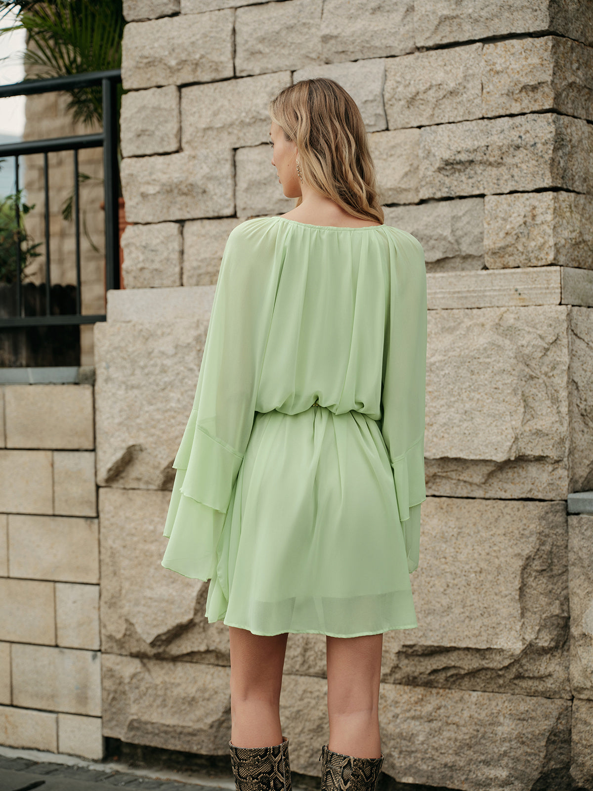 Ruffled Sleeve Chiffon Dress Without Belt