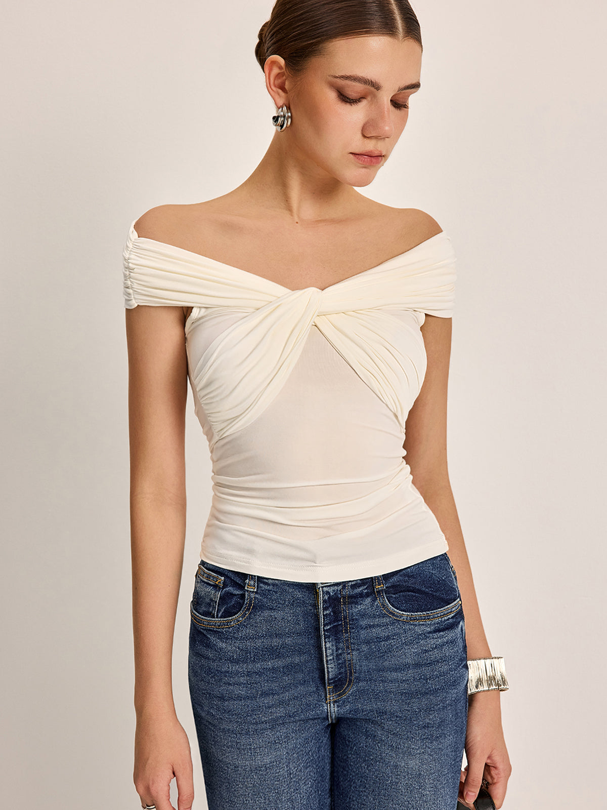 Off-Shoulder Ruched Knot Top