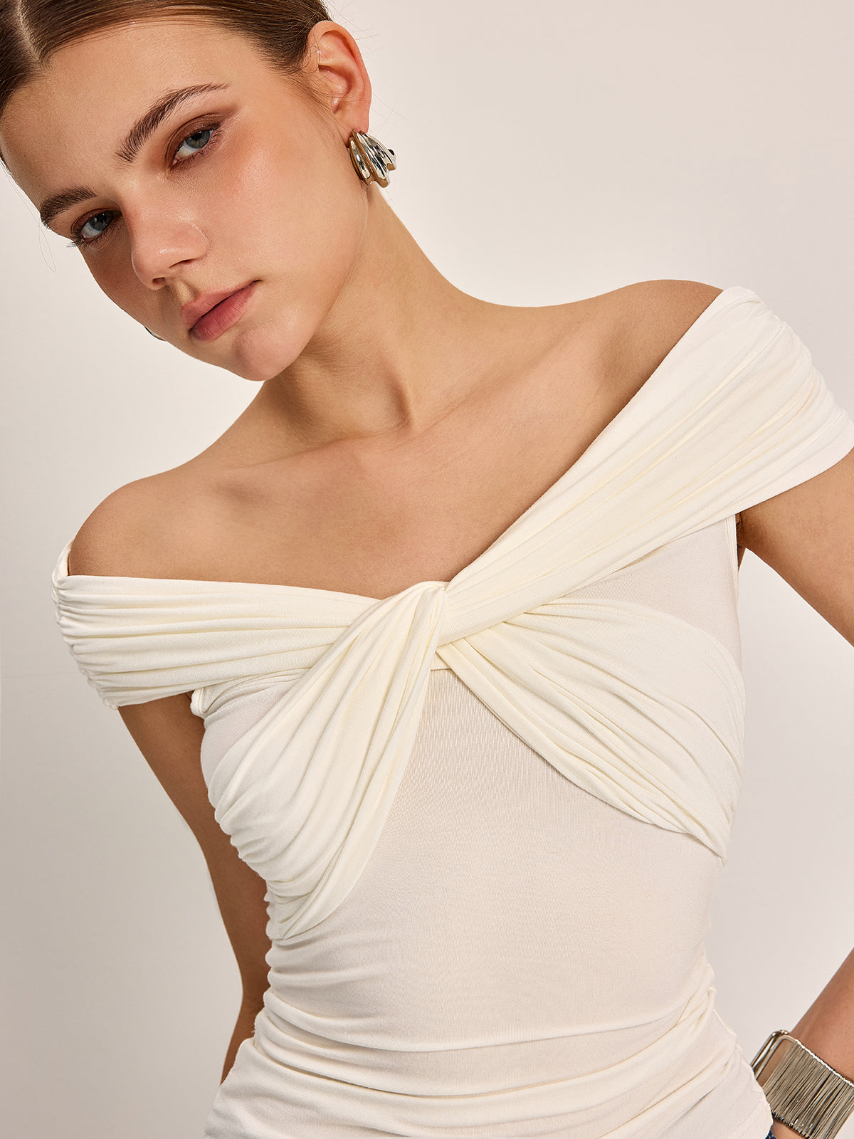 Off-Shoulder Ruched Knot Top