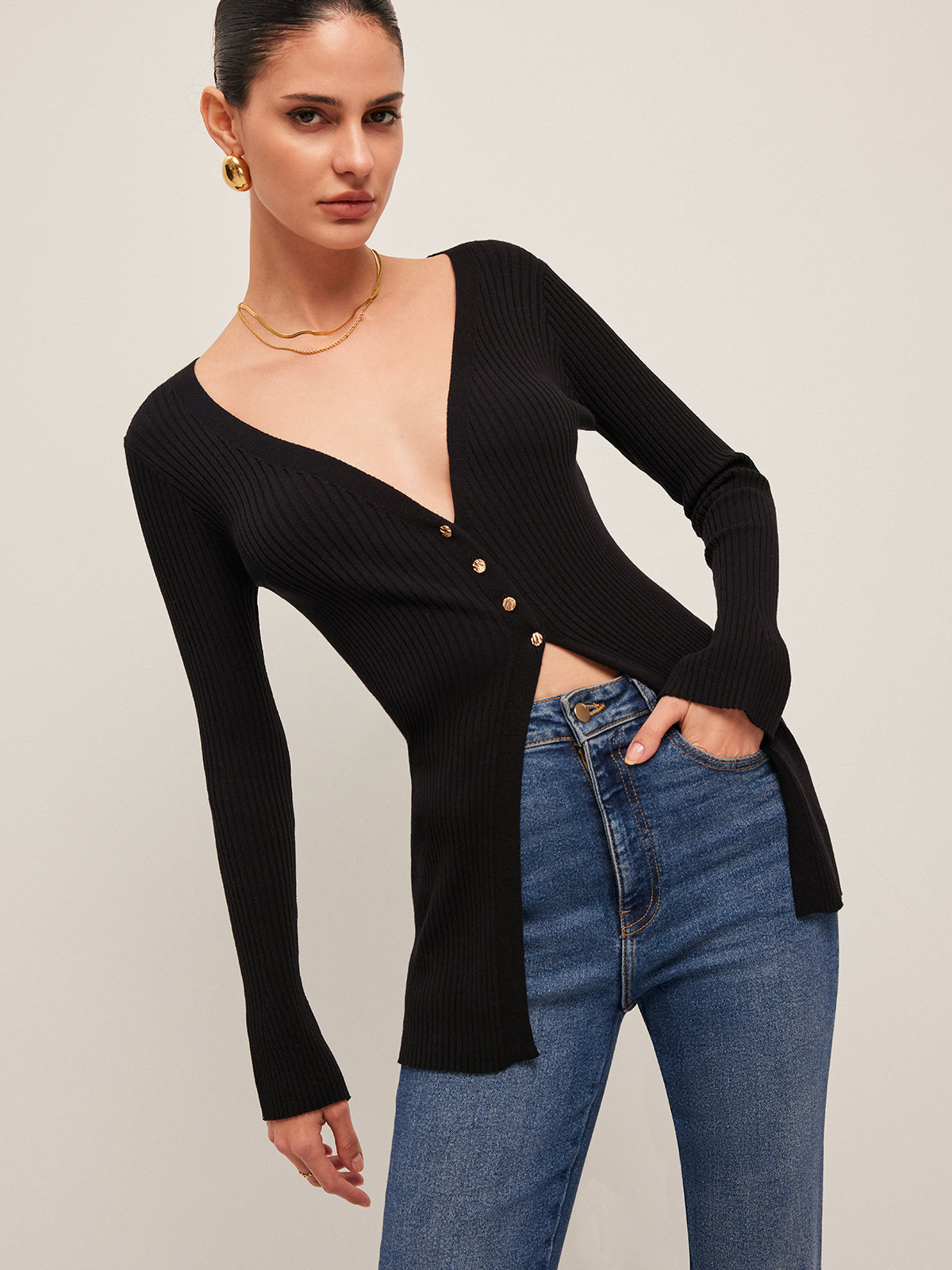 Ribbed Slit Button Cardigan