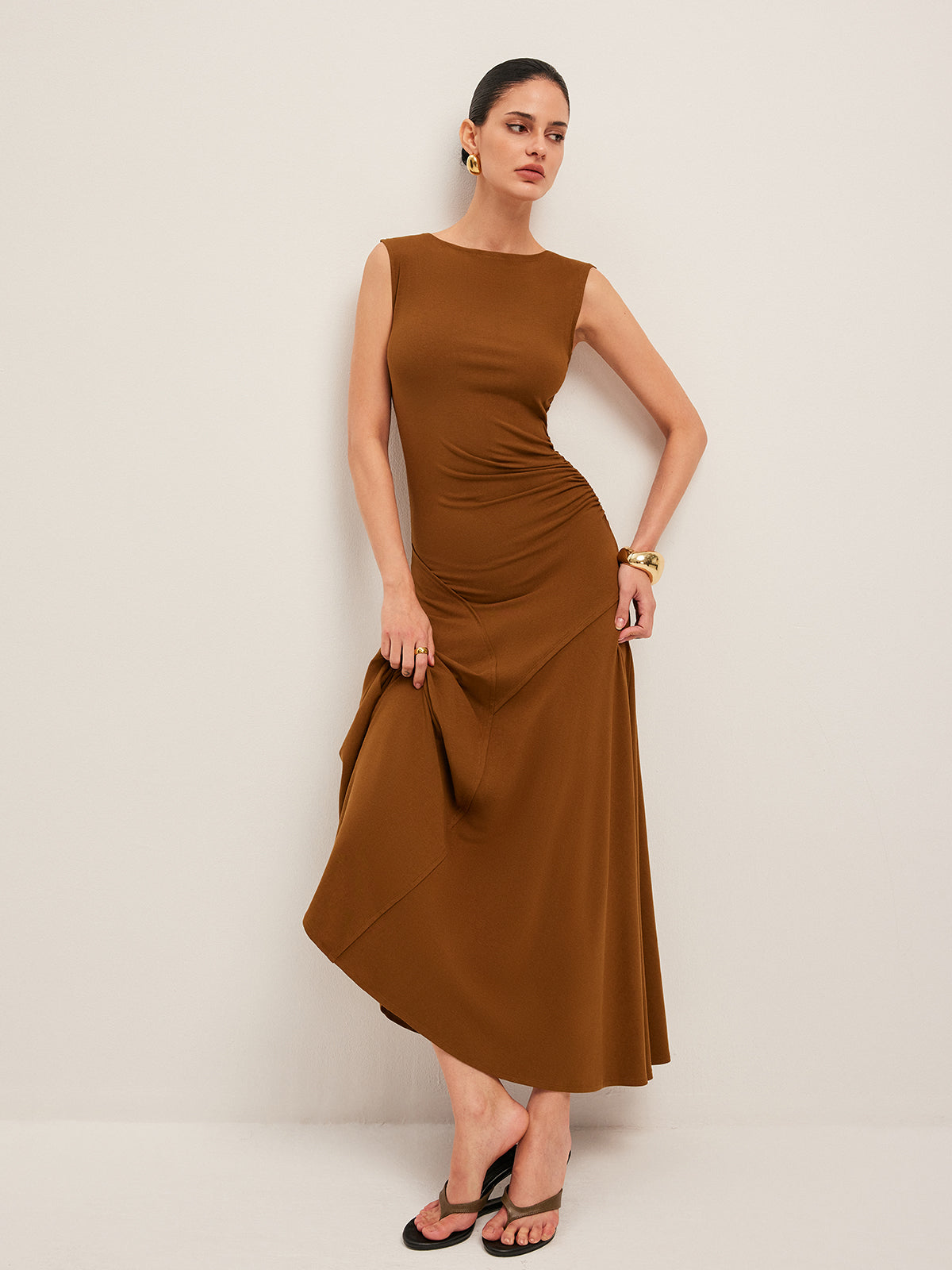 Asymmetrical Design Sleeveless Pleated Dress