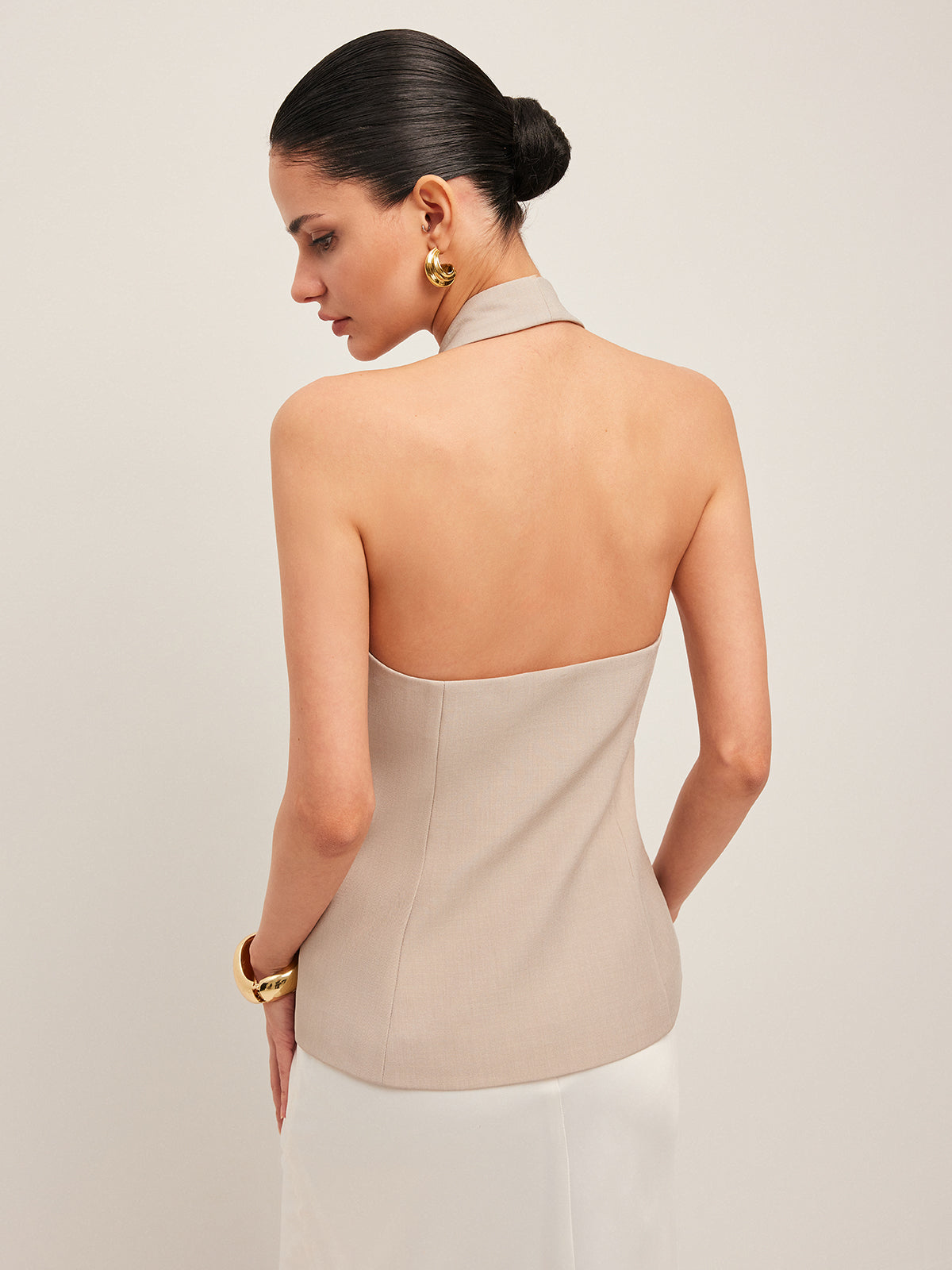 Halter Neck Metal Button Detail Backless Vest