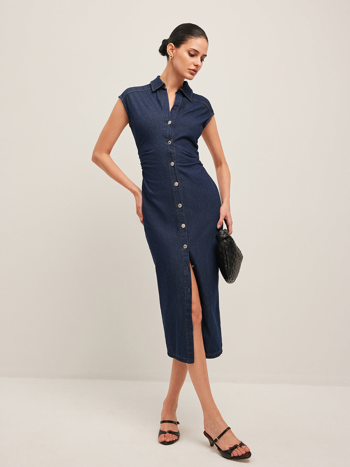 V-Neck Sleeveless Button Denim Dress