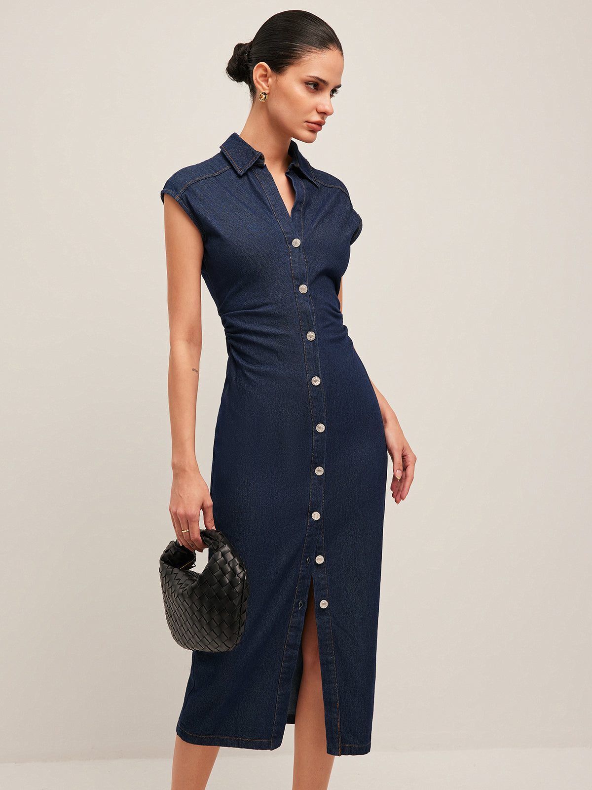 V-Neck Sleeveless Button Denim Dress