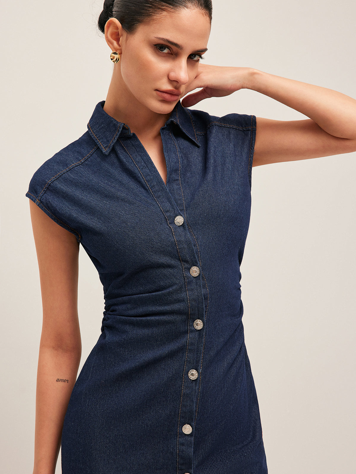 V-Neck Sleeveless Button Denim Dress