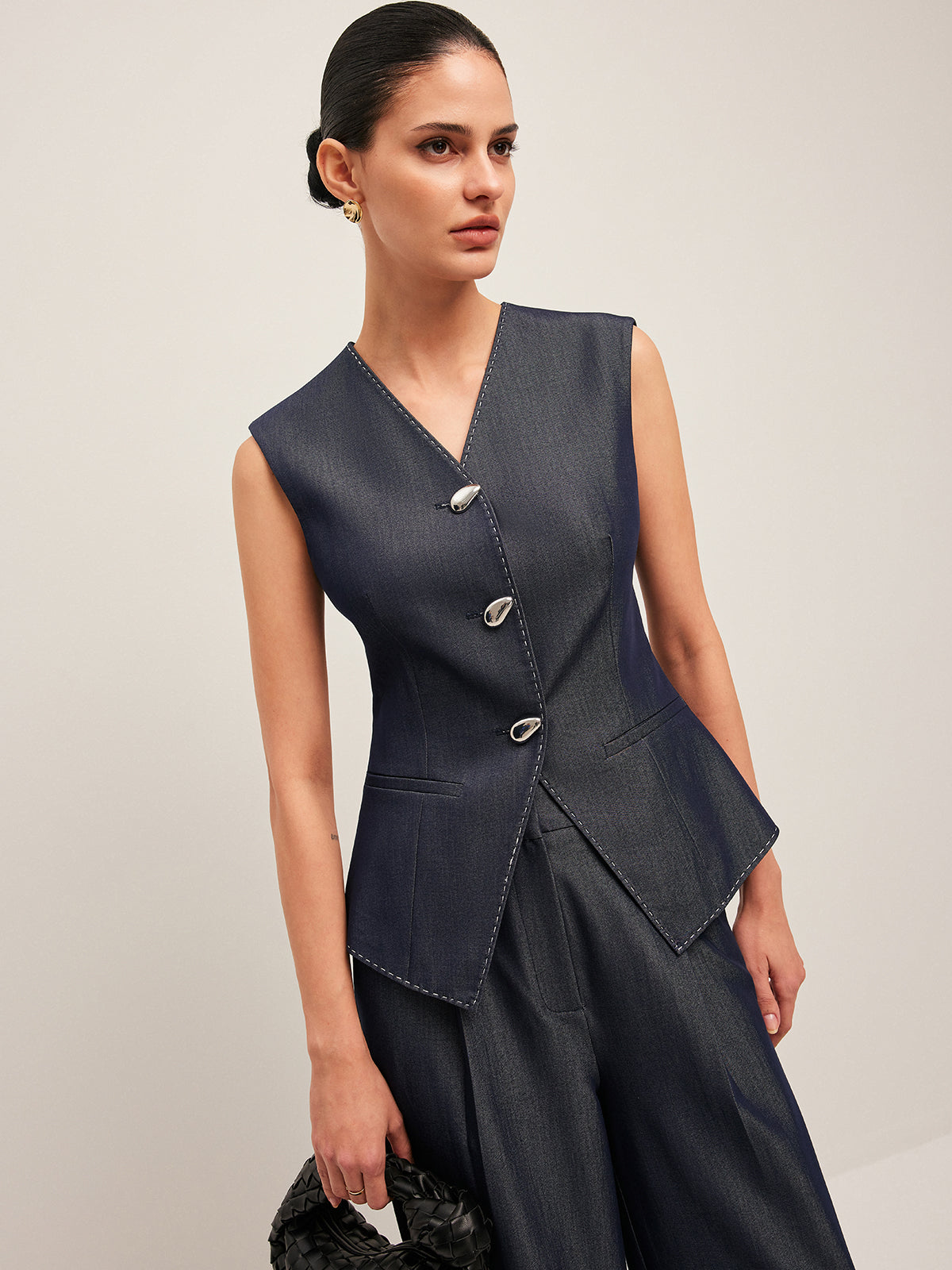 Contrast Stitched Buttoned Peplum Vest