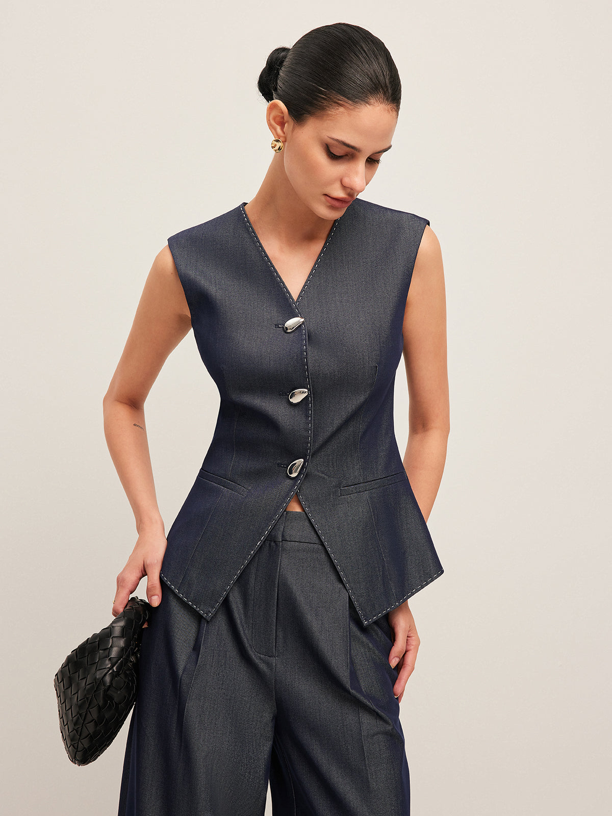 Contrast Stitched Buttoned Peplum Vest