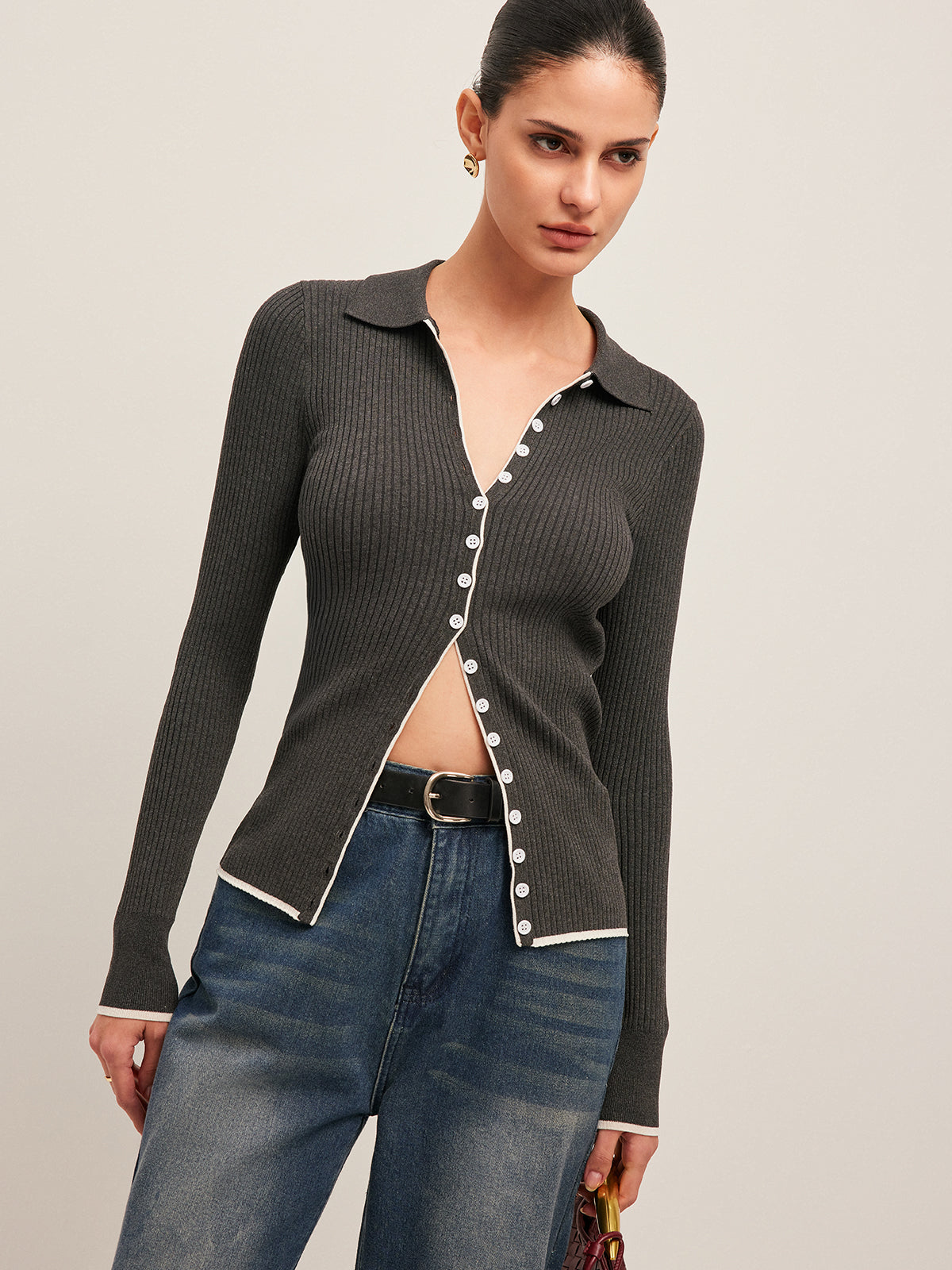 Ribbed Button-Front Cropped Cardigan