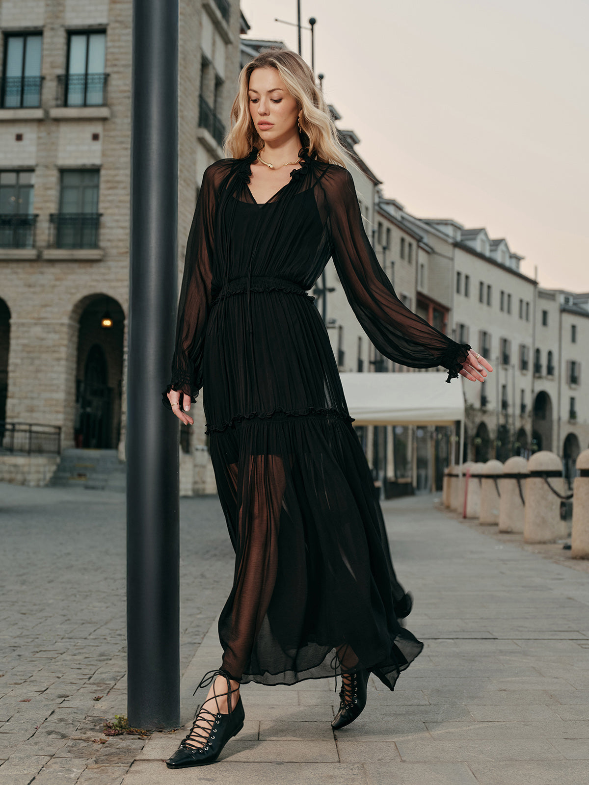 Ruffled Chiffon Semi-Sheer Dress