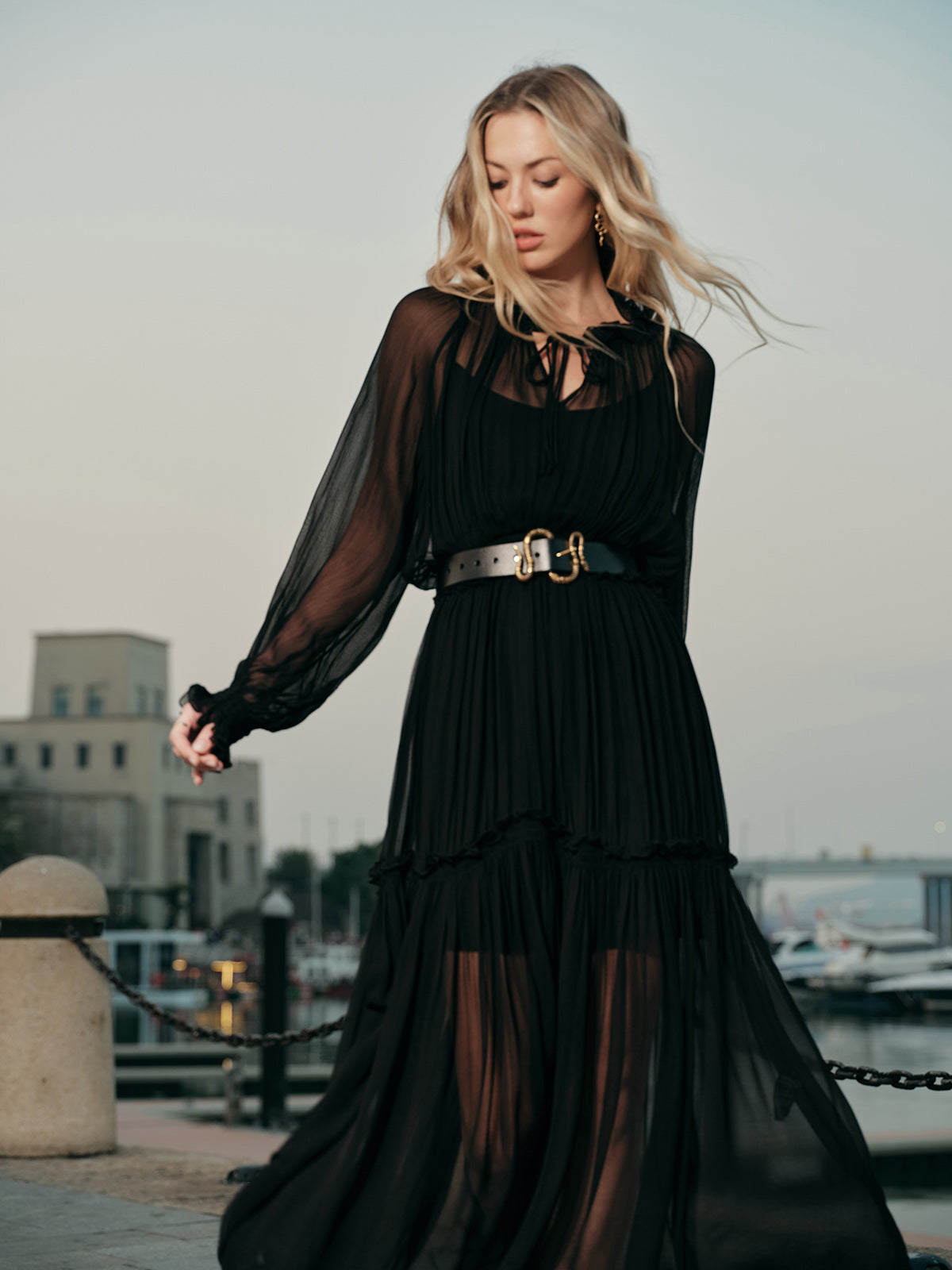 Ruffled Chiffon Semi-Sheer Dress