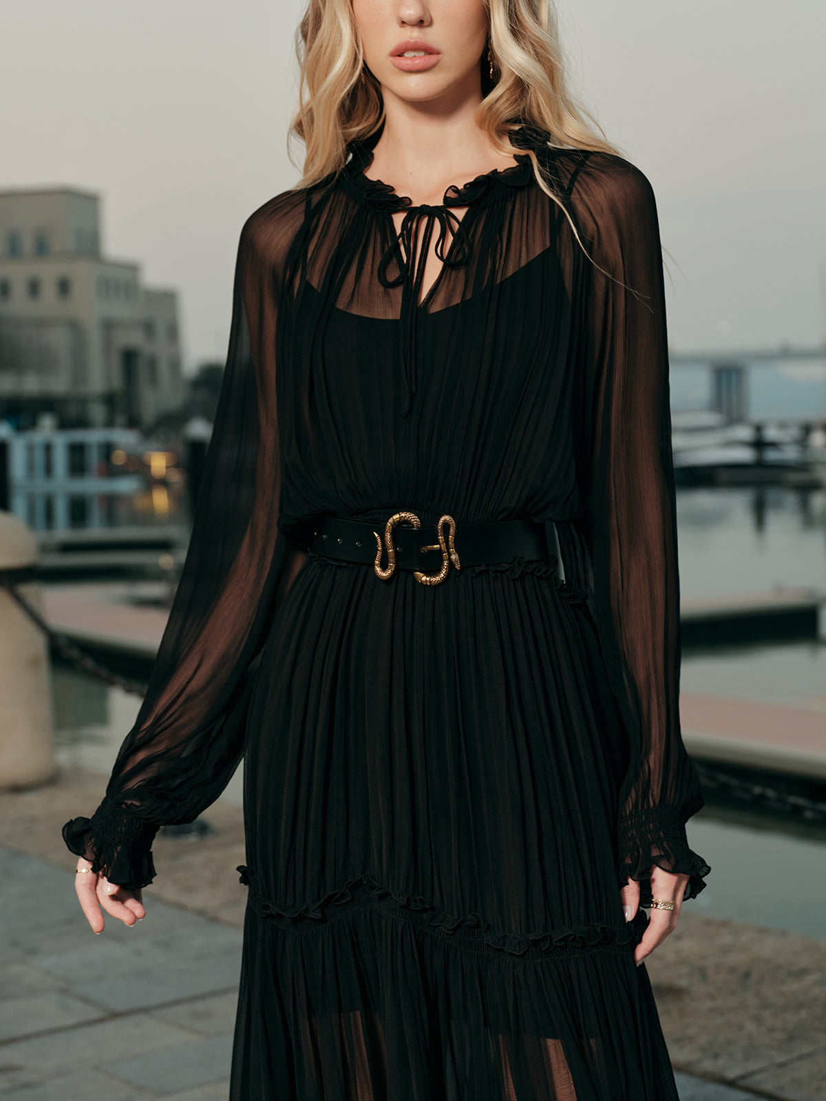 Ruffled Chiffon Semi-Sheer Dress