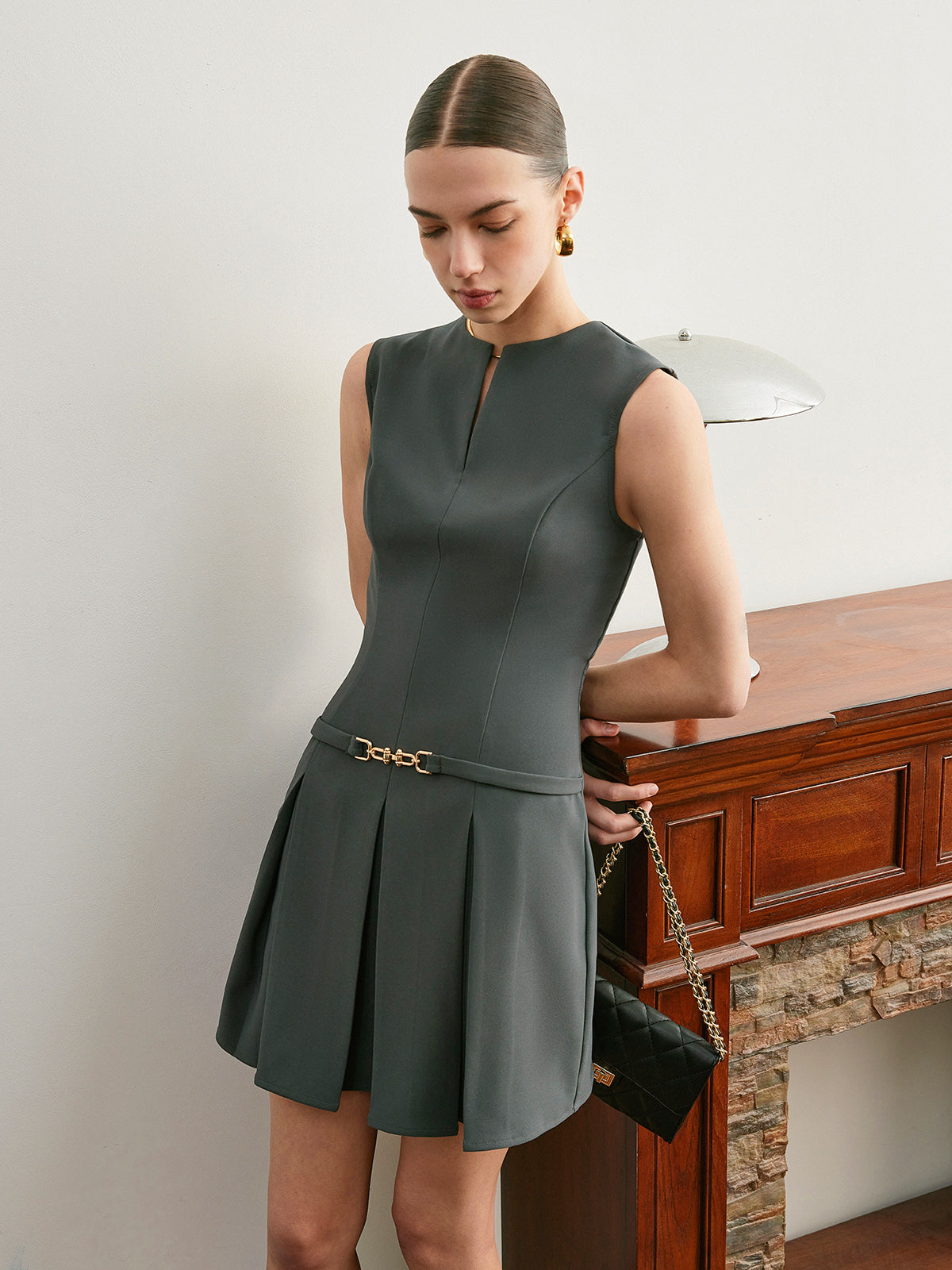 V-Neck Belted Panel Pleated Dress