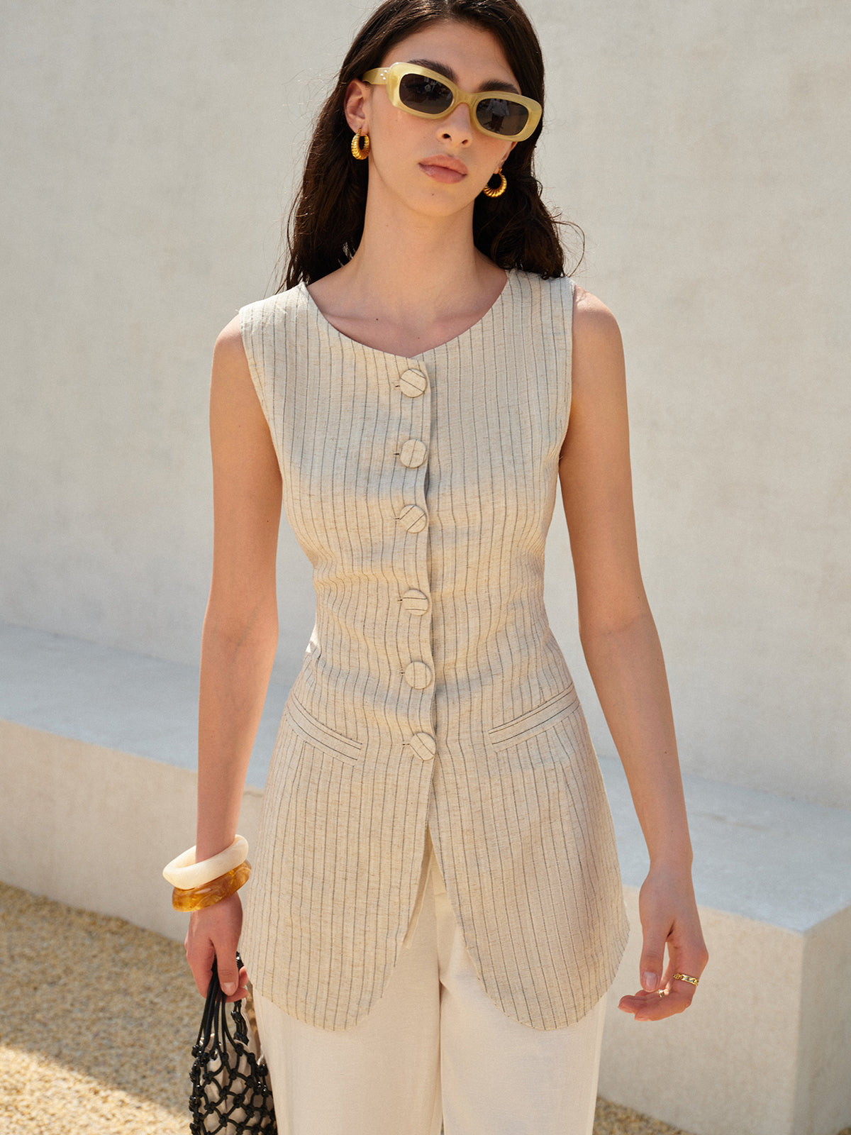 Cotton & Linen Button-Front Sleeveless Vest