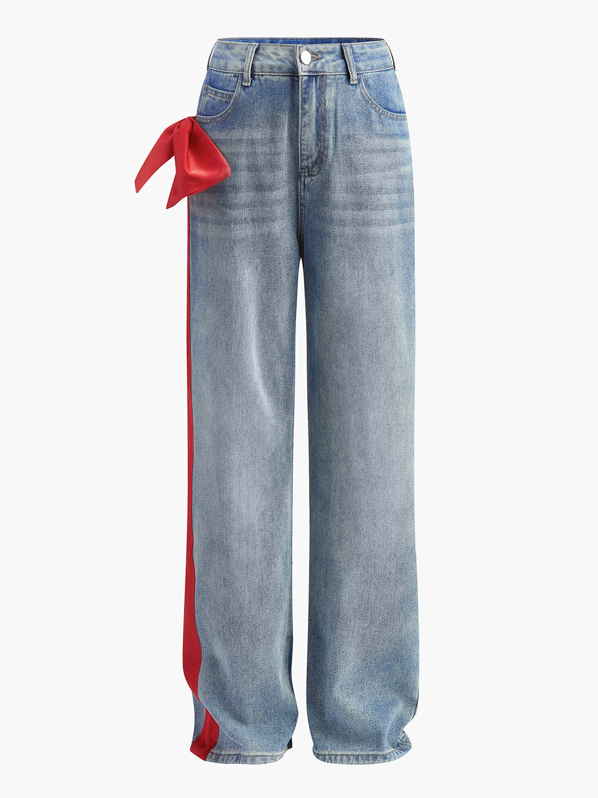 Mid-Waist Bow-Decor Denim Jeans