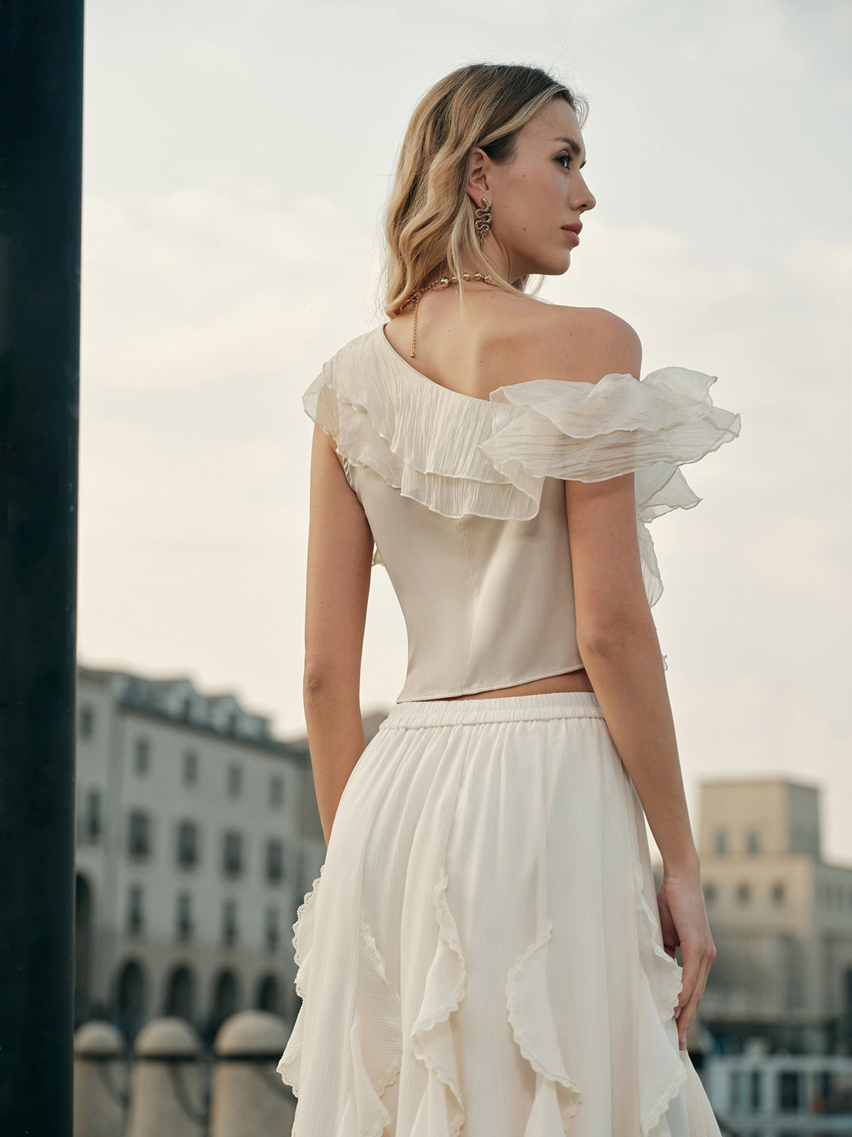 Chiffon One-Shoulder Ruffle Top