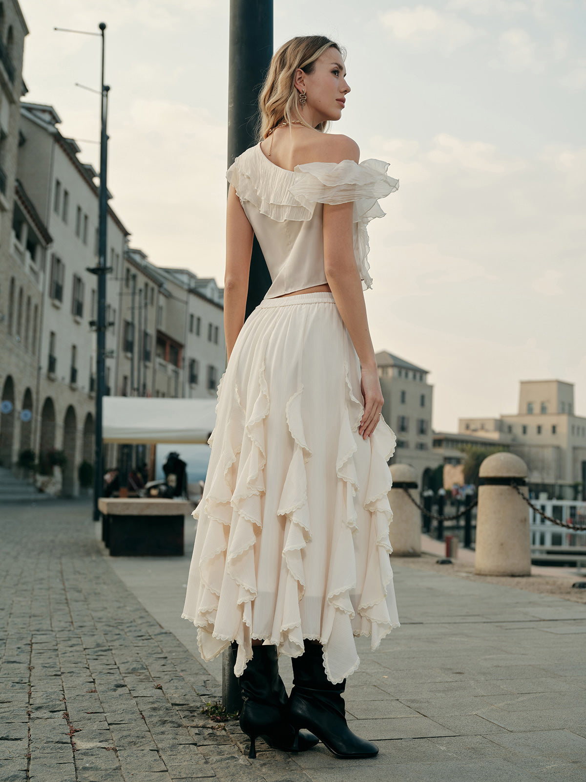 Chiffon One-Shoulder Ruffle Top