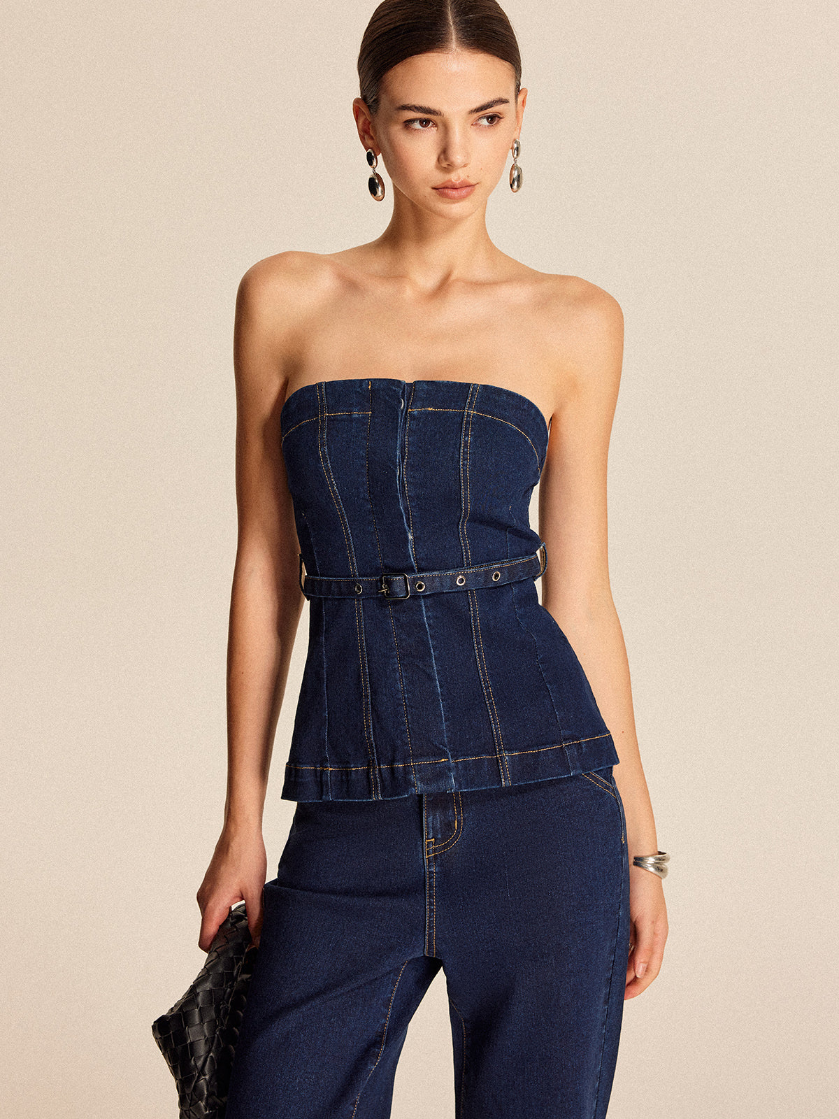 Denim Strapless Top With Belt