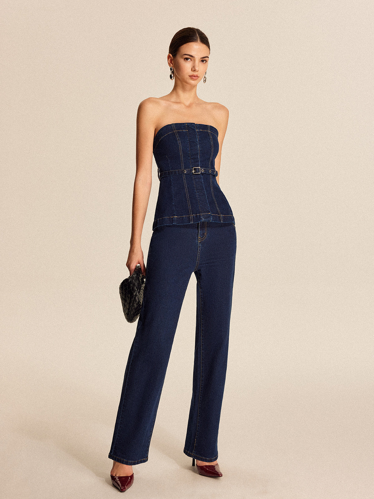 Denim Straight-Leg Pants With Belt