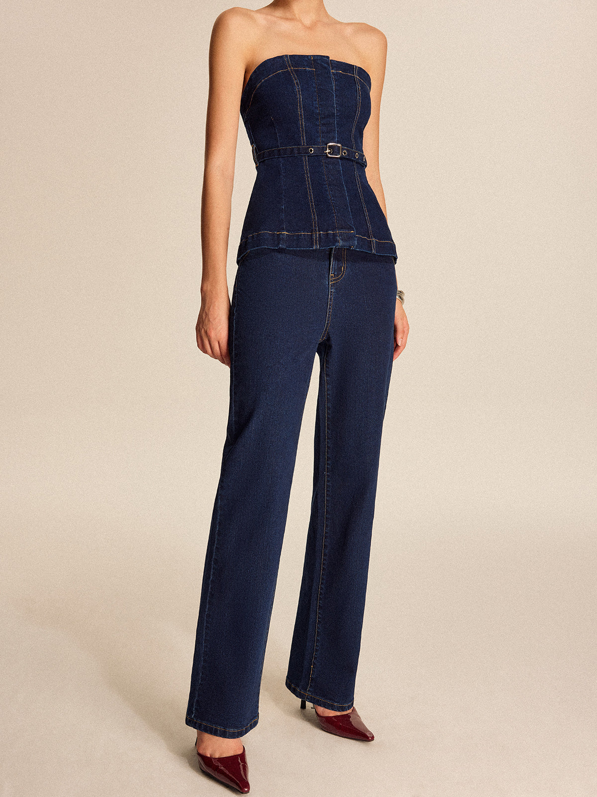 Denim Straight-Leg Pants With Belt