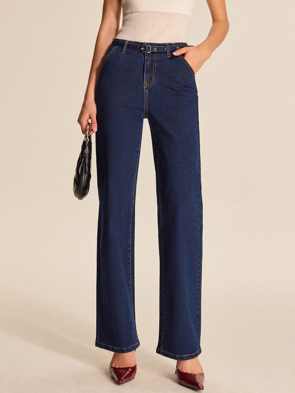 Denim Straight-Leg Pants With Belt