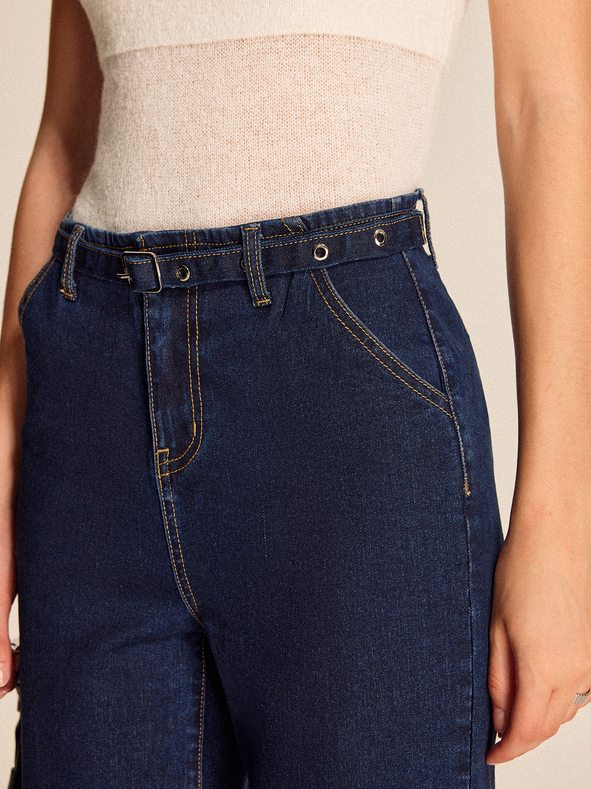 Denim Straight-Leg Pants With Belt