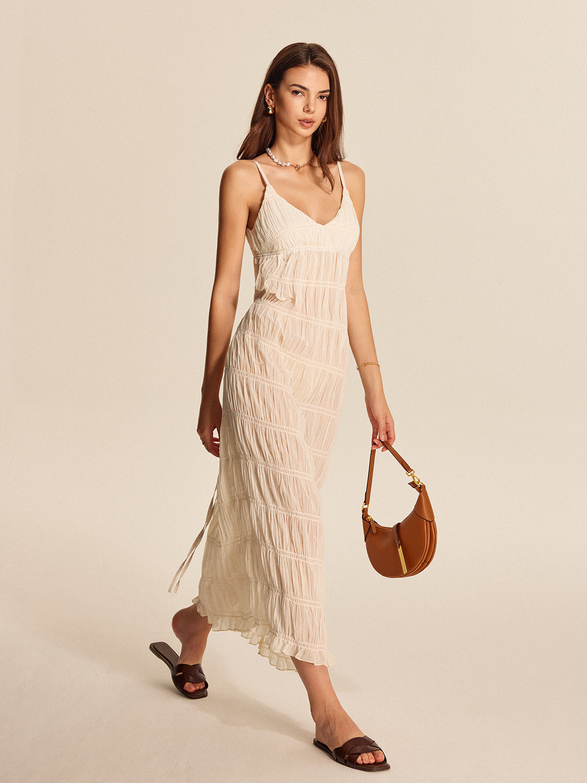 Semi-Sheer Strappy Pleated Dress