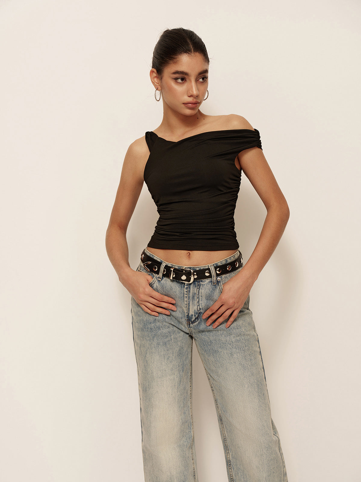 Asymmetrical Collar Pleated T-Shirt