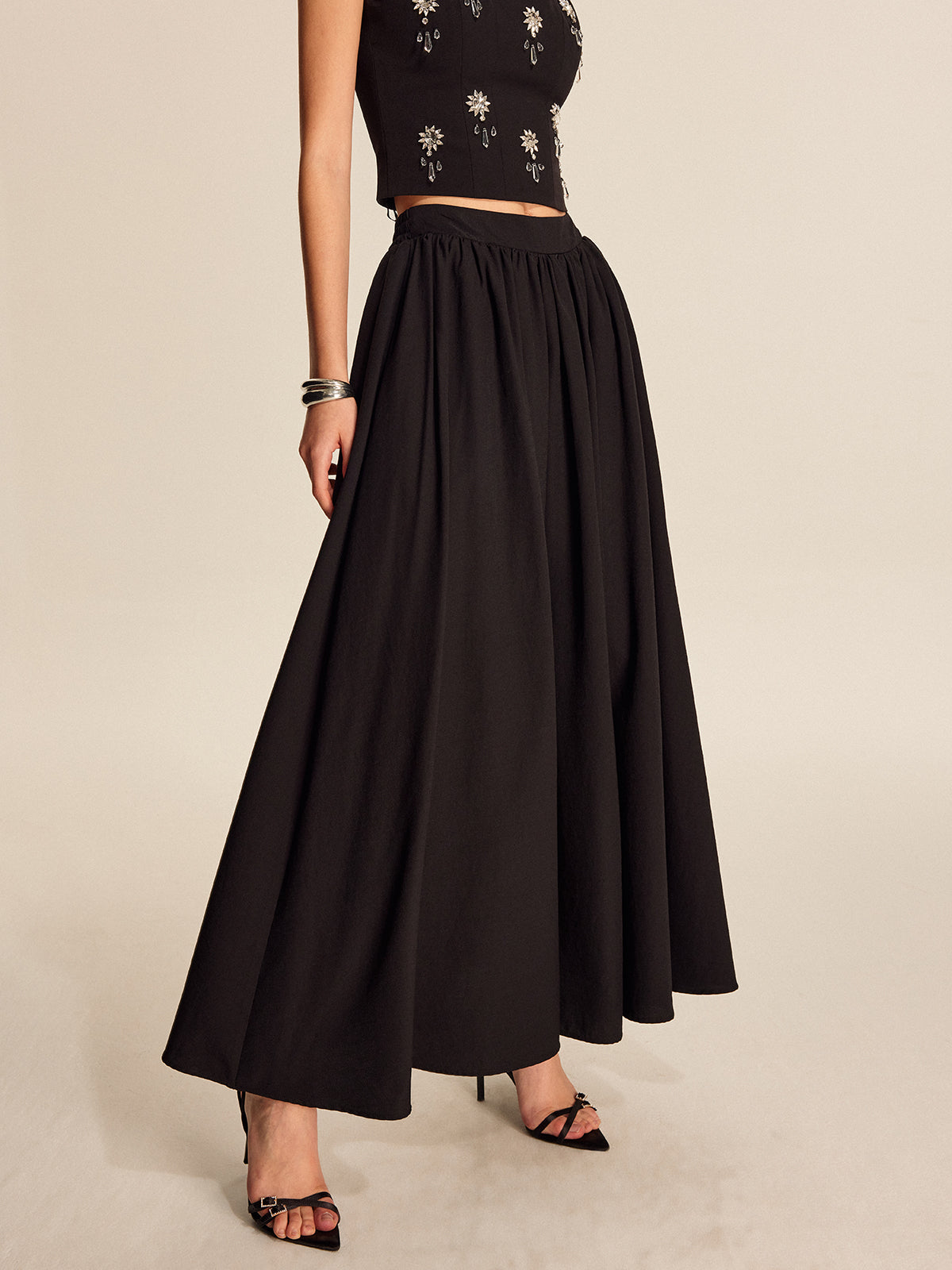 Mid Waist Flared Pleated Skirt