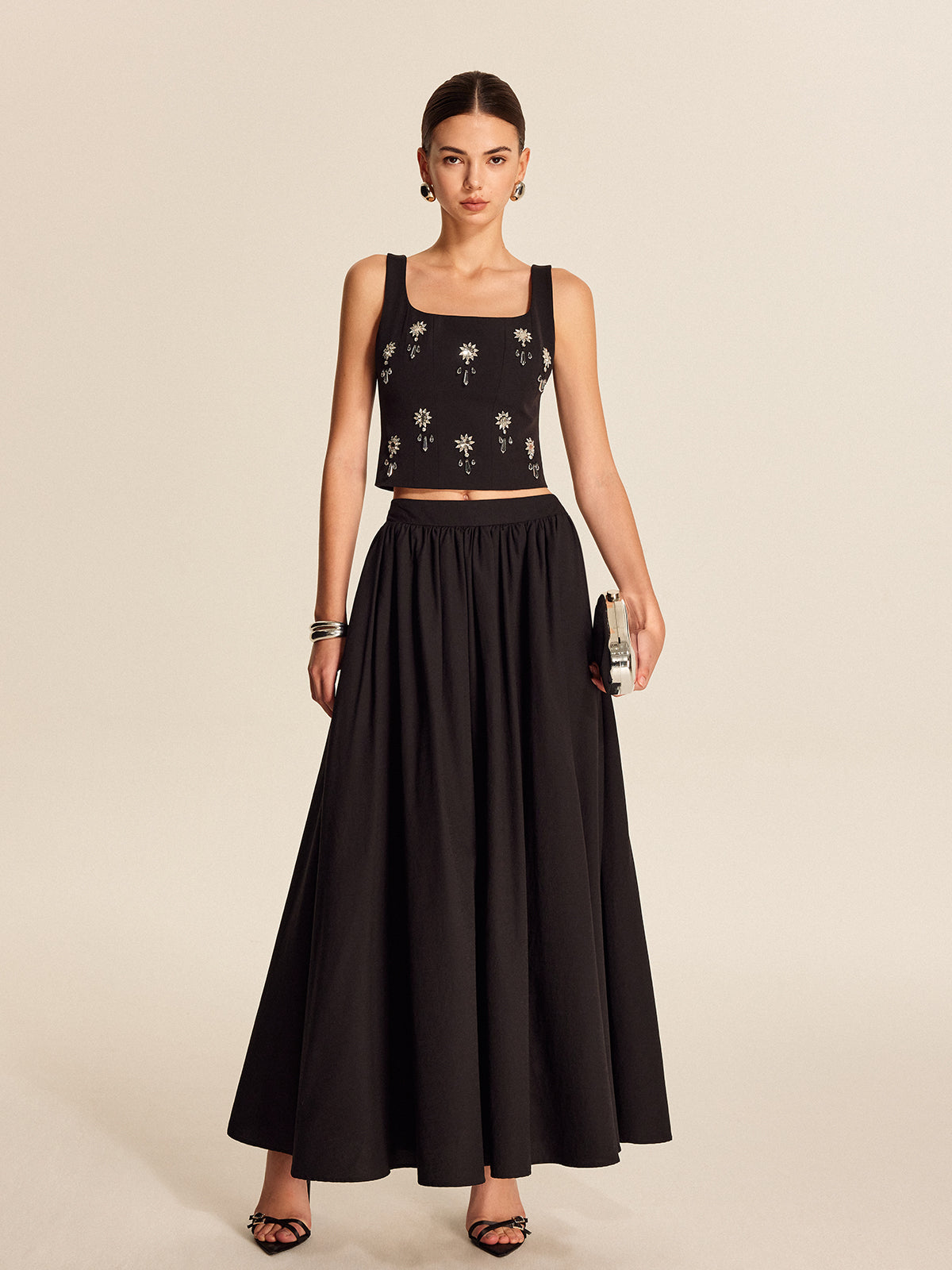 Mid Waist Flared Pleated Skirt