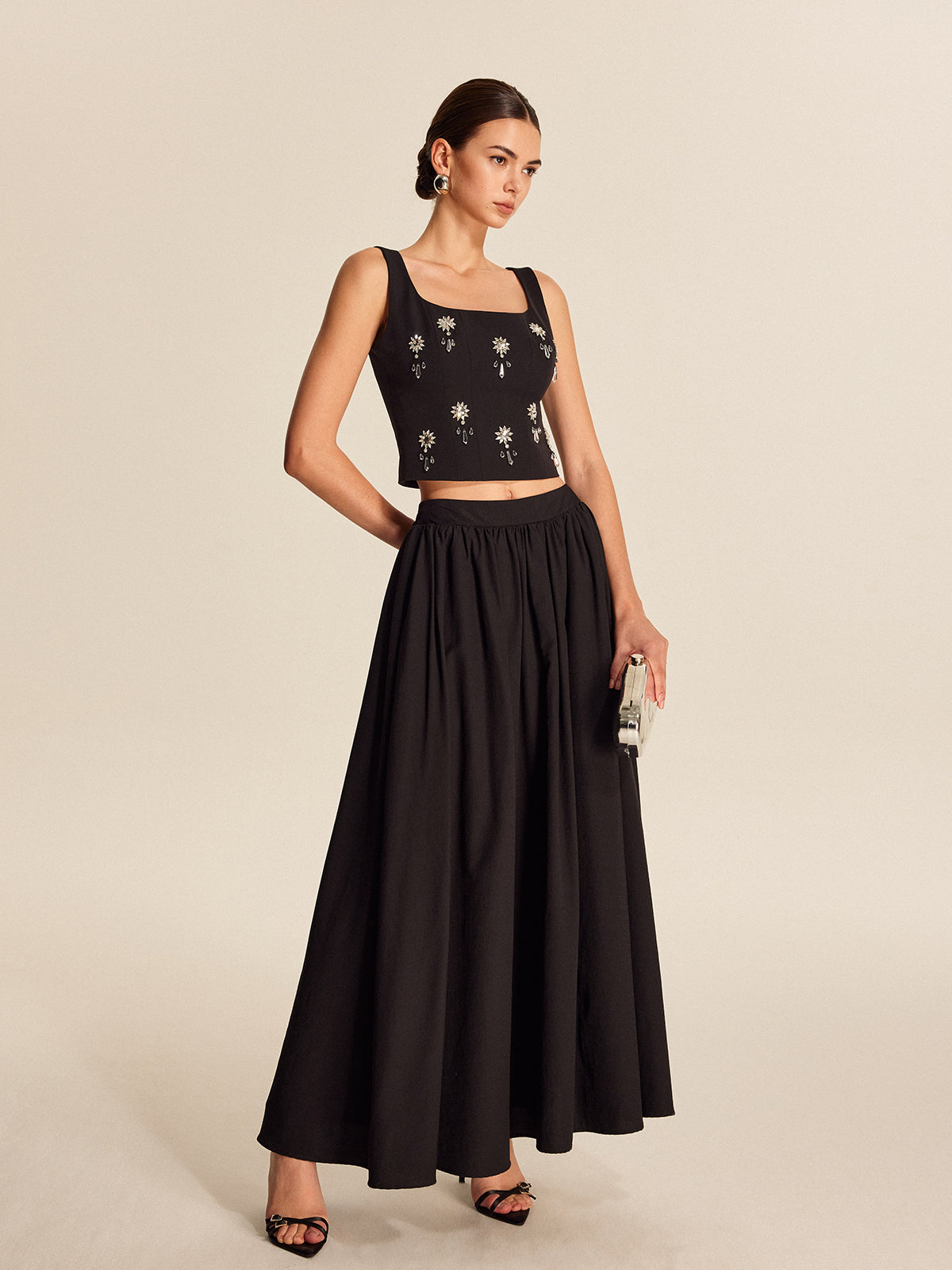 Mid Waist Flared Pleated Skirt