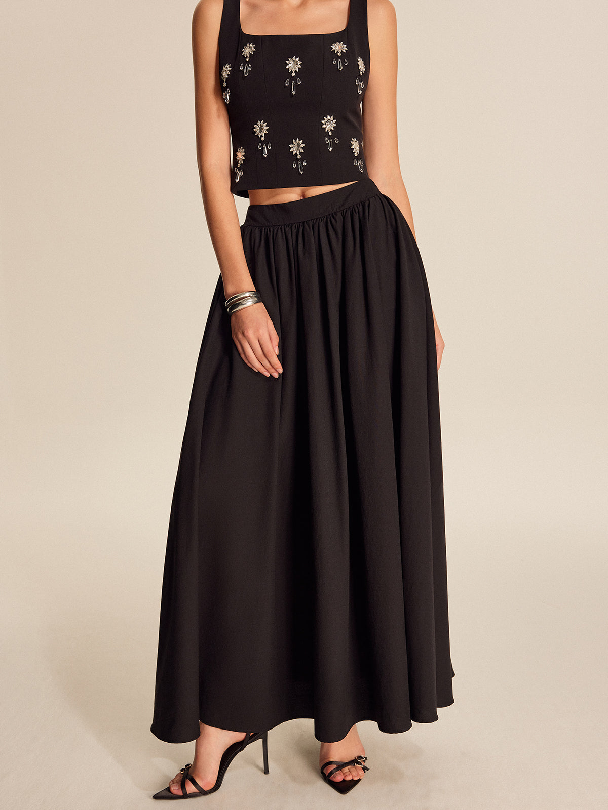 Mid Waist Flared Pleated Skirt