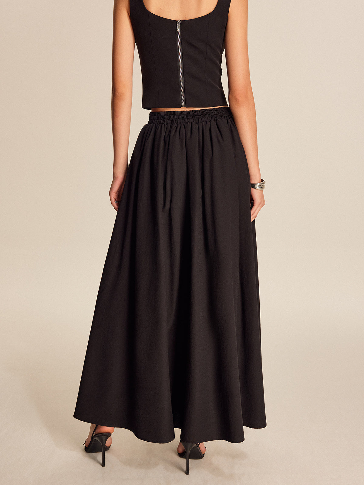 Mid Waist Flared Pleated Skirt