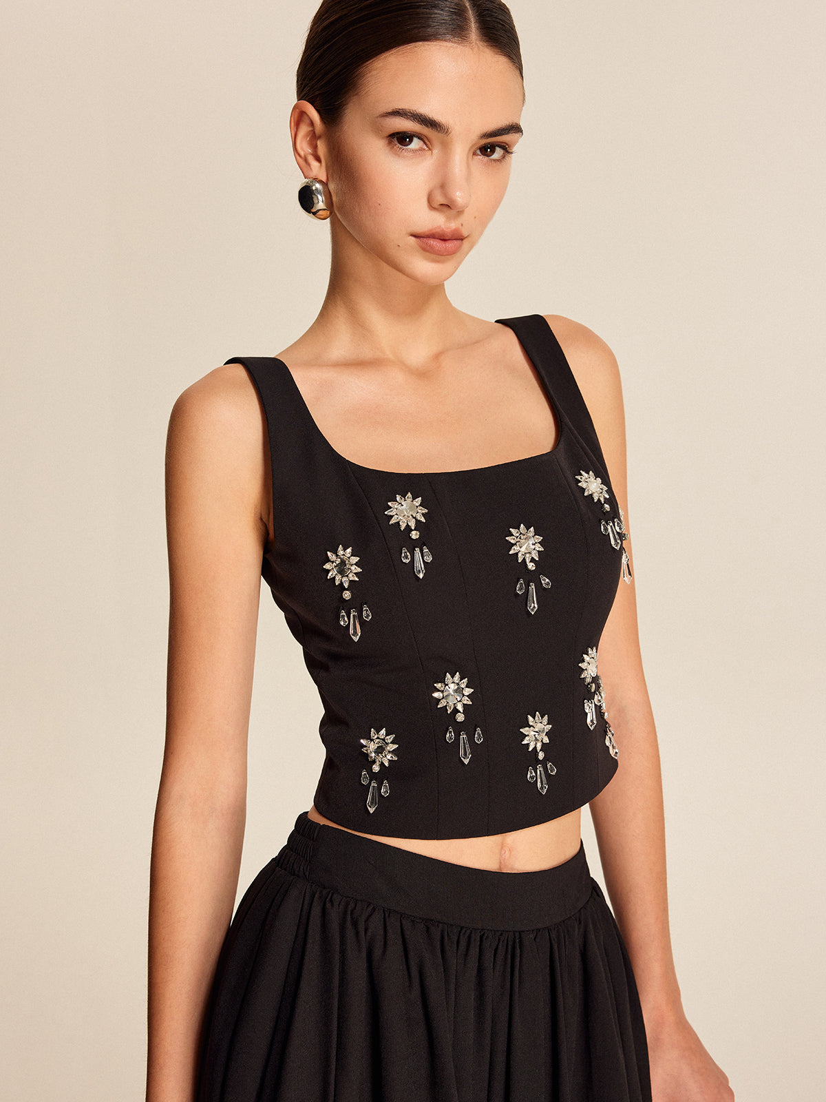 Floral Crystal Back Zipper Top