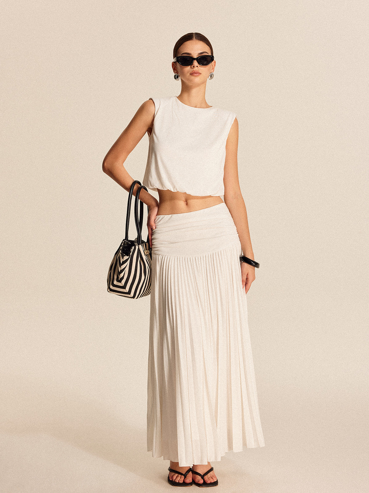 Shoulder-Padded Pleated Skirt Set