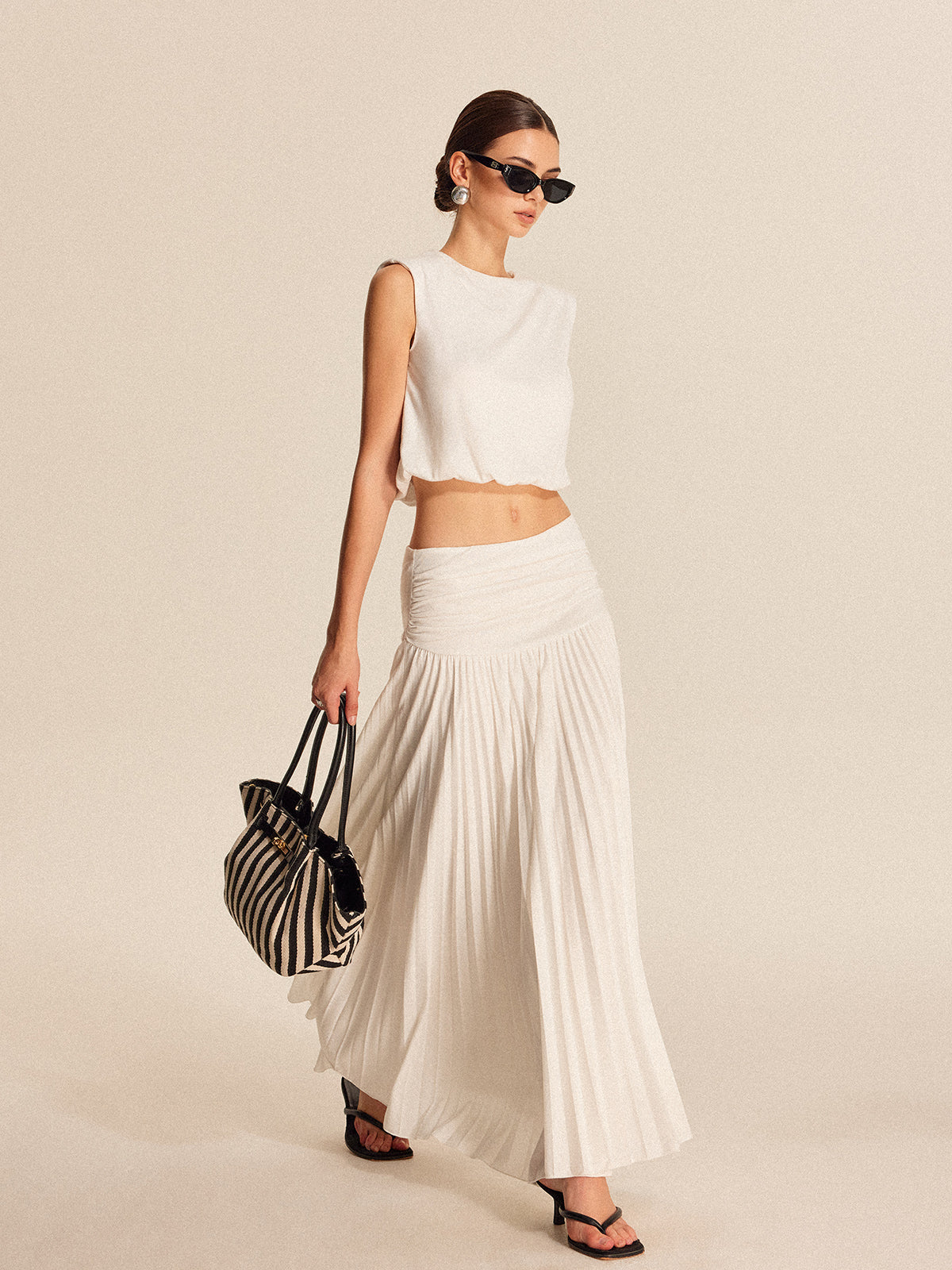 Shoulder-Padded Pleated Skirt Set