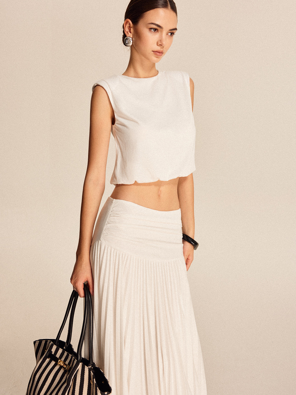 Shoulder-Padded Pleated Skirt Set