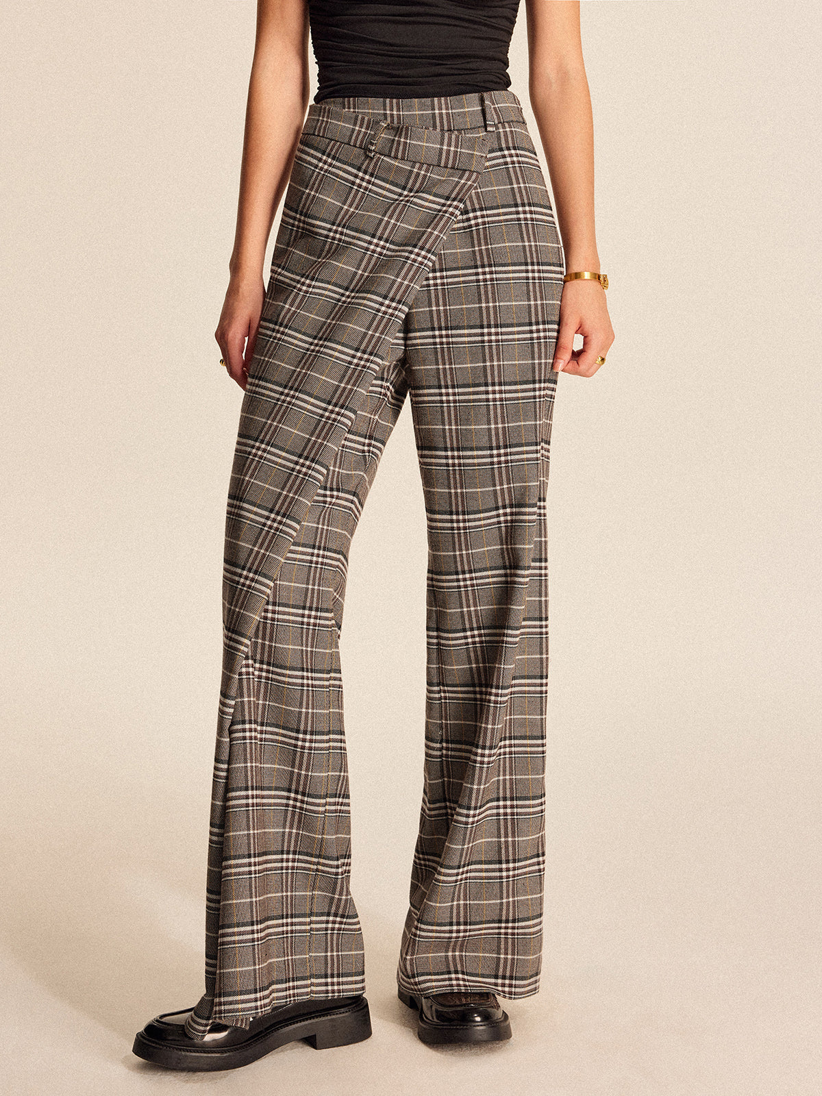 Plaid Asymmetrical Detail Mid Waist Pants