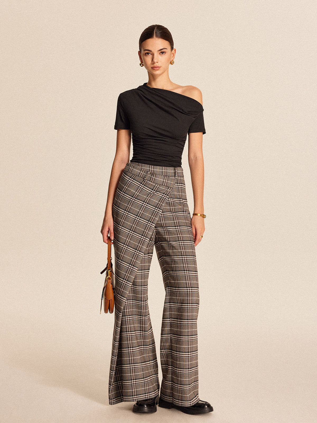 Plaid Asymmetrical Detail Mid Waist Pants