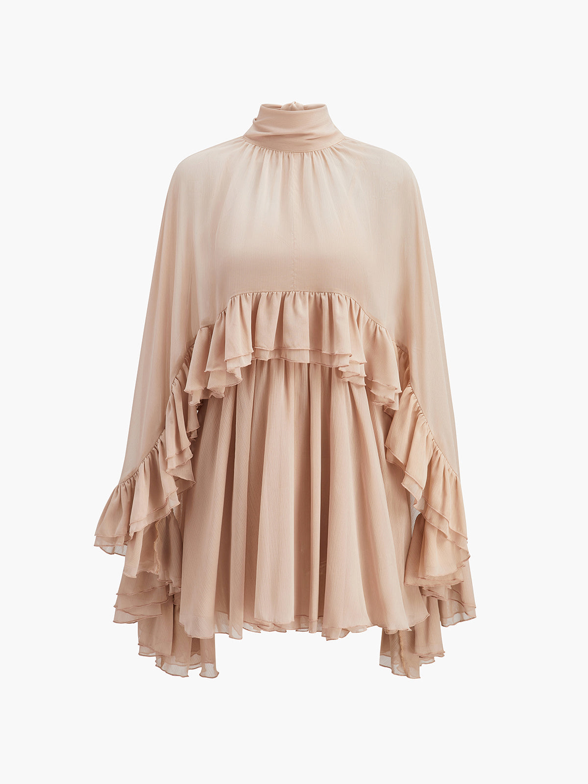 Chiffon Ruffle Dress With Outer Cape