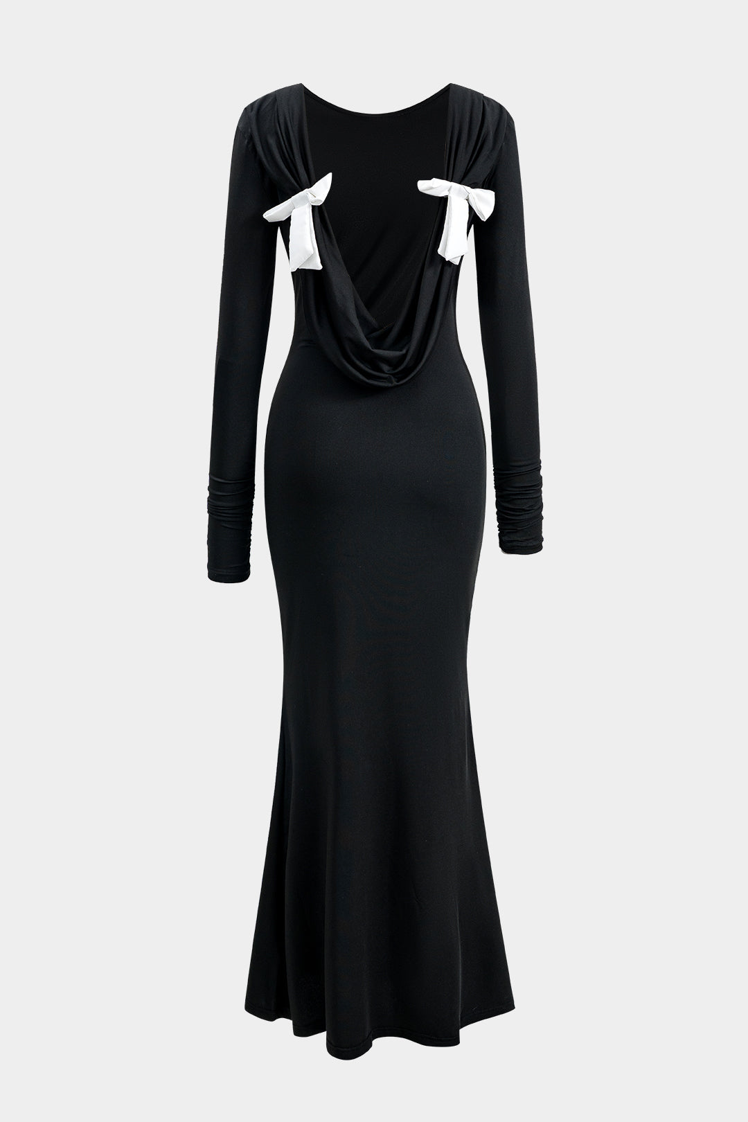 Ruched Bow Backless Long Sleeve Maxi Dress