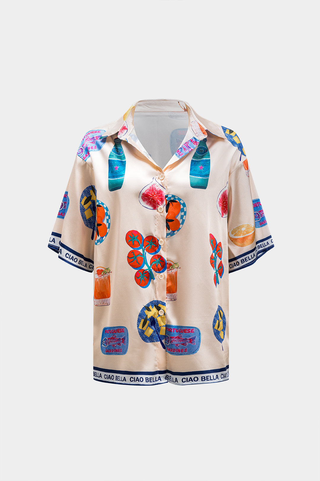 Fruit Cartoon Print Satin Button Shirt And Ruched Tie Front Shorts Set