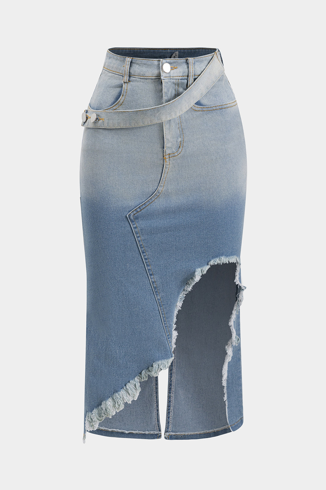 Ruched One Shoulder Asymmetrical Drawstring Top And Denim Washed Button Pocket Slit Skirt Set