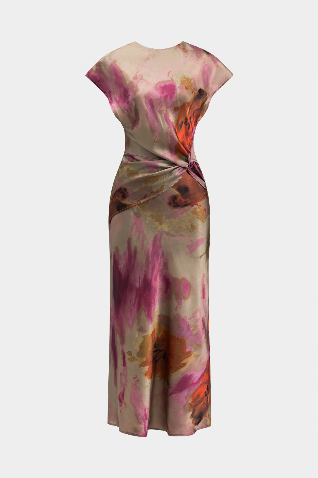 Tie Dye Ruched Cut Out Button Twist Knot Midi Dress