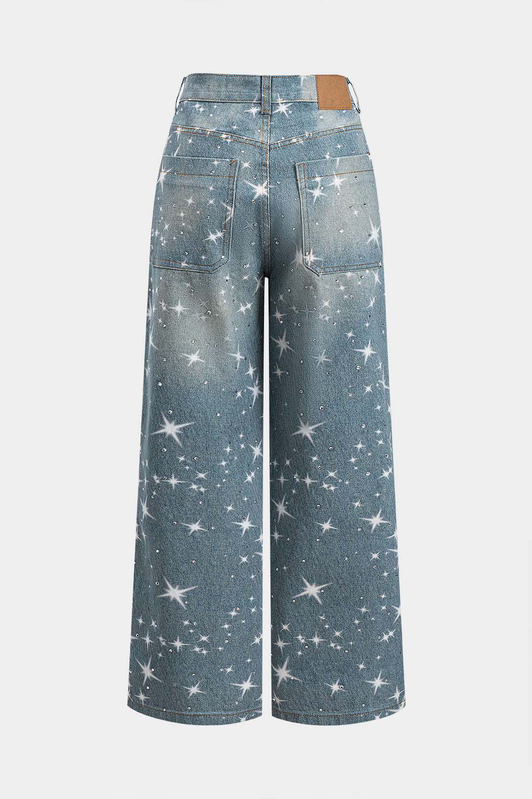 Denim Rhinestone Washed Button Pocket Wide Leg Jeans