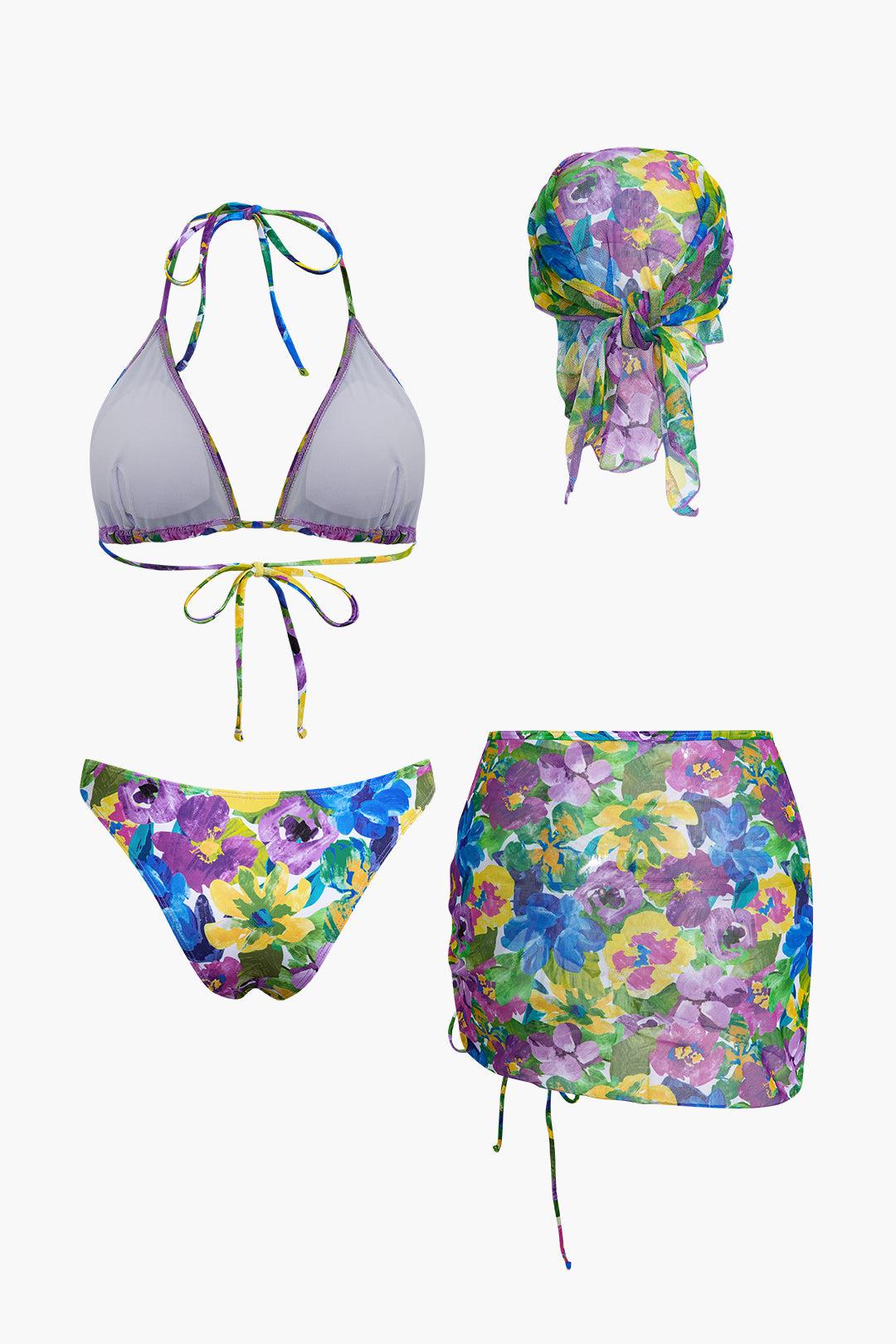 Floral Print Bikini Set With Matching Skirt Cover Up And Headscarf