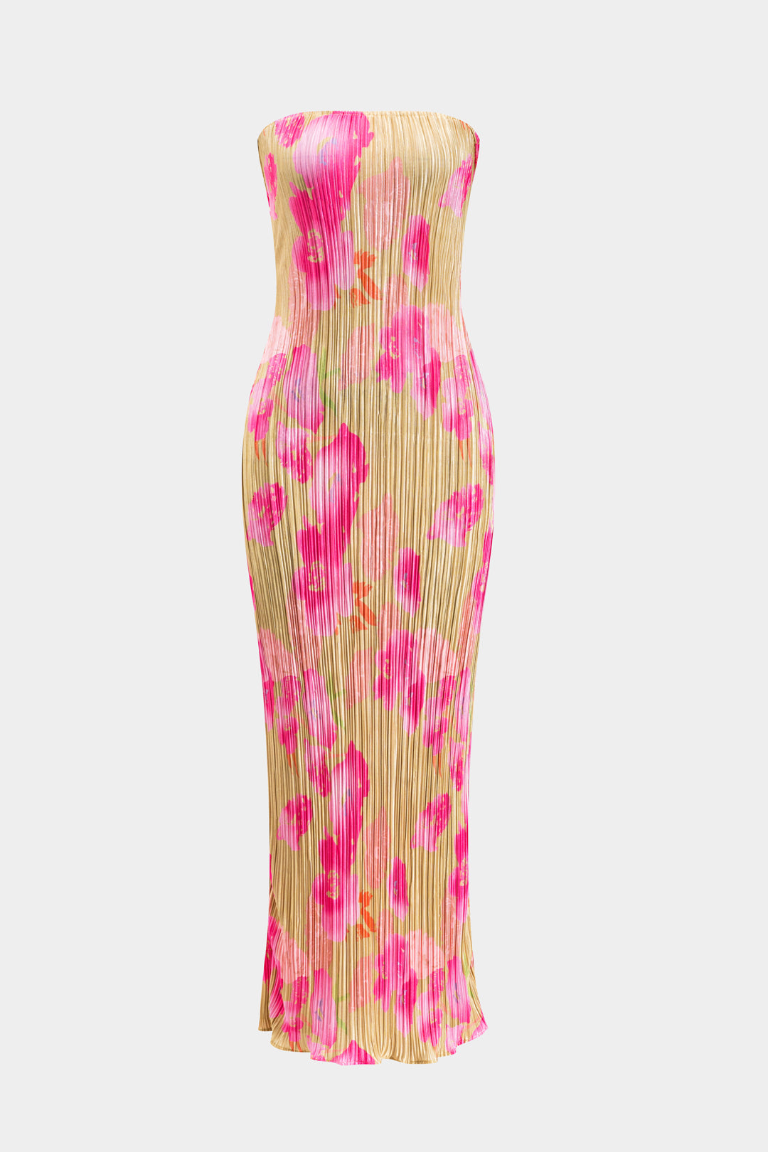 Floral Print Pleated Tie Back Strapless Maxi Dress